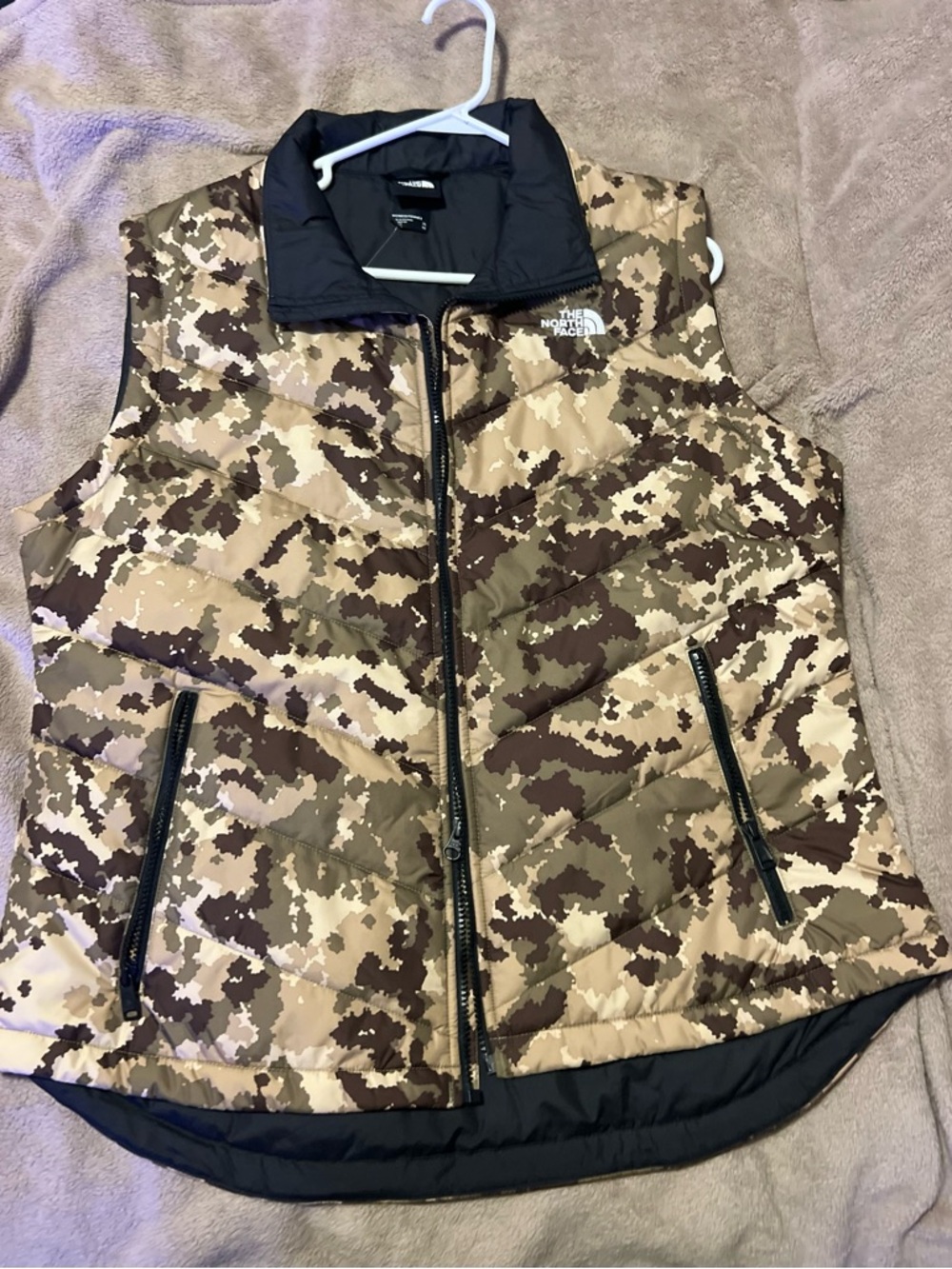 The North Face Women's Camo Puffer Vest in Tan, Brown, Black